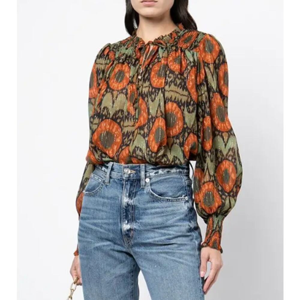 Ulla Johnson Anita Blouse olive green orange metallic US 6 boho feminine